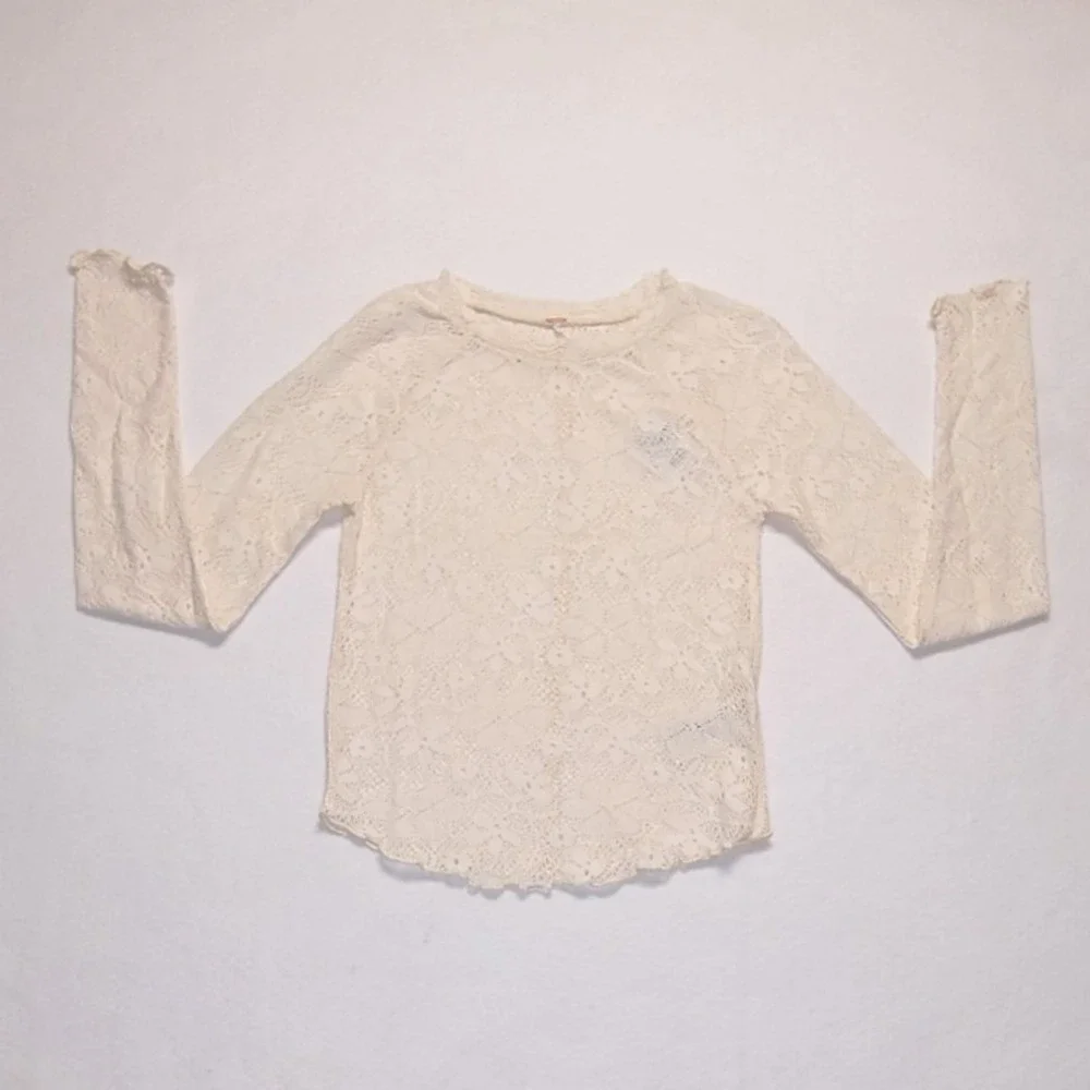 Free People Ivory Floral‎ Lace Long Sleeve Top Crew Neck Lettuce Trim NWT XS